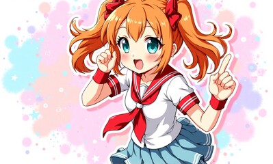 Anime-style girl with bright orange pigtails, blue eyes, and a sailor uniform, cheerfully posing amidst pastel stars.