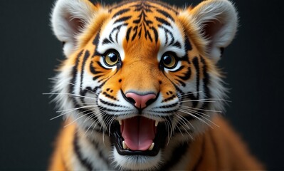 Fototapeta premium Close-up of an adorable tiger cub with its mouth open, showcasing its vibrant orange fur, black stripes, and bright eyes. The dark background emphasizes the cub's features.
