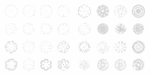 Collection of stylized circular abstract patterns and floral motifs in grayscale tones