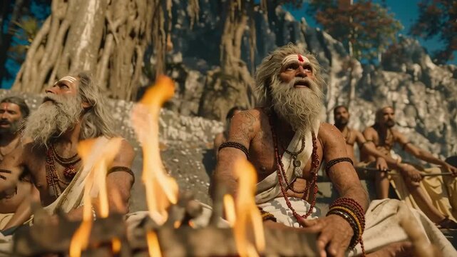 Group of Rishis Meditating near Sacred Fire Forest