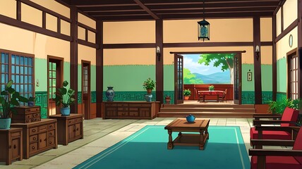 Anime-style Mexican hacienda interior with bold colors and handmade furniture