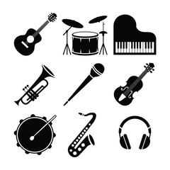 Black silhouette icons of musical instruments on a white background guitar drum set