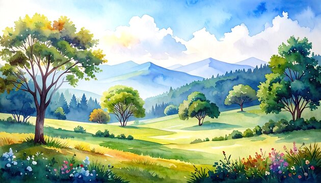 Watercolor landscape painting of a sunlit valley with mountains