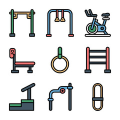 Nine colorful flat design outdoor fitness equipment icons outdoor gym equipment fitness icons