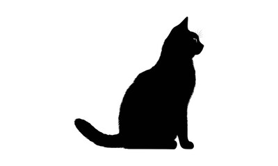 Minimalist black silhouette of a graceful sitting cat viewed from the side, isolated on a clean white background for design