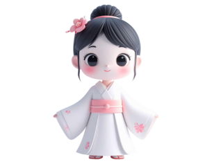 Cute 3D kawaii Japanese Yurei ghost character wearing a white kimono with pink cherry blossoms.