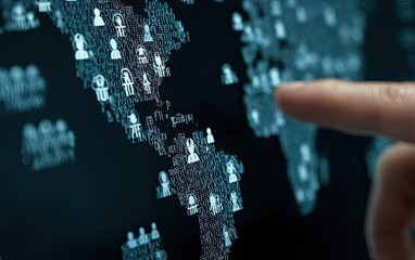 A finger points to a location on a digital world map overlaid with numerous small icons representing people