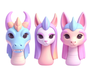 Three cute 3D kawaii Halloween spirits from folklore, isolated clipart.