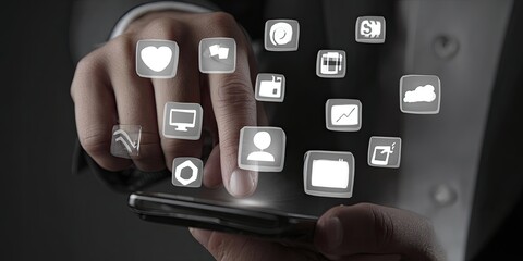 Hands interacting with a smartphone displaying various app icons