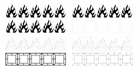 Collection of stylized flame icons and geometric patterns in black and white sketches