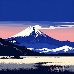 Minimalist vector illustration of the iconic Mount Fuji, a serene and luxurious escape into a peaceful Japanese landscape