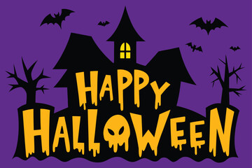 Happy Halloween Text with Haunted House, Trees and Bats vector illustration on a purple background