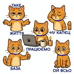 Set of cute Ukrainian language meme stickers. Cartoon cat character with funny emotional reaction phrases.