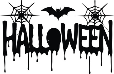 spooky halloween greeting with dripping text bats and web on white background