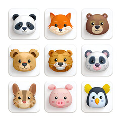 Fototapeta premium Set of 9 animal avatar icons with rounded squares, soft gradient fills, uniform outlines, featuring pets and wild animals, isolated on transparent background. 