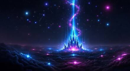 Ethereal crystal city glowing with vibrant blue and purple light under a star-filled cosmic sky, surrounded by mystical clouds. A futuristic fantasy landscape.