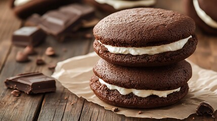 Chocolate whoopie with mascarpone on wooden background