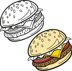 Black-and-White vs. Colored Cartoon Hamburger Comparison