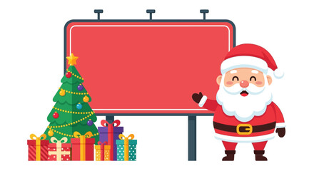Cheerful Santa Claus by Christmas Billboard with Gifts and Tree