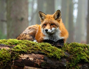 Fototapeta premium Fox Resting on Mossy Log