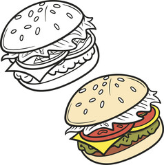 Black-and-White vs. Colored Cartoon Hamburger Comparison