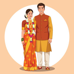Traditional South Indian Wedding Couple Illustration in Saree and Sherwani with Floral Garland