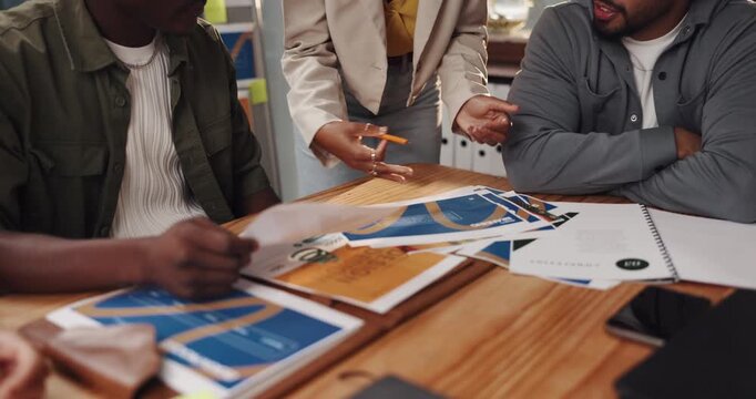 Documents, meeting and hands with business people in office for graphic designer, project progress and feedback. Storyboard portfolio, branding research and logo with team of employees in agency