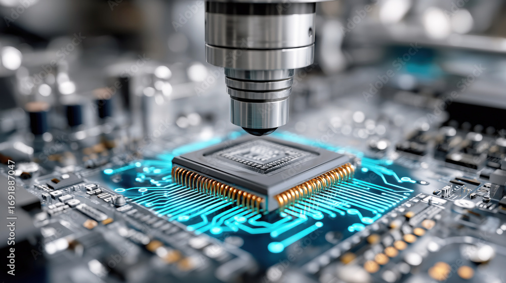 Poster advanced microchip technology with precision tools and circuit design in high-tech environment