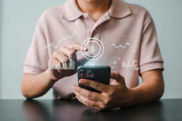 Person holding smartphone with glowing technology signals and digital interface above screen closeup shot