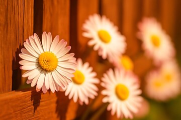 Obraz premium Daisies Blooming Over Weathered Wood Fence in Nature