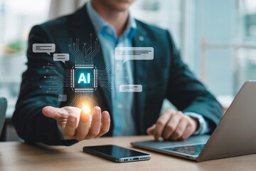 Businessman interacting with ai holographic interface data analysis on screen technology innovation future