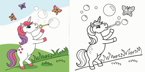 White unicorn blowing bubbles with butterflies and grass