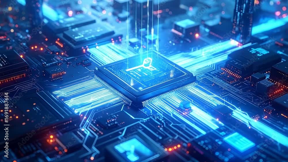 Poster intricate futuristic circuit board with glowing elements and data streams