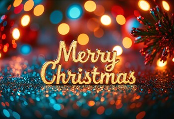 Merry Christmas calligraphic lettering on colorful bokeh glitter festive sparkles background