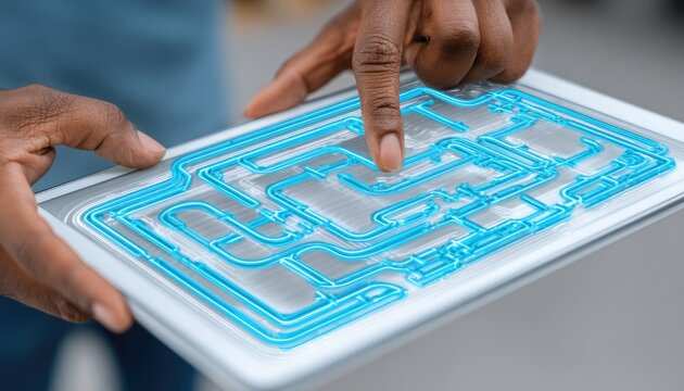 Hands hold a tablet displaying a complex, light-blue circuit maze - Powered by Adobe