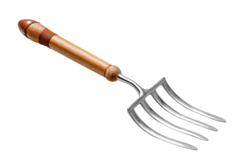Compact garden rake tool with brushed steel tines, ash handle in honey tone, and leather loop detail, presented at an angle, isolated on transparent background.
