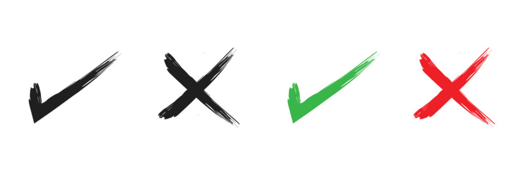 Check marks doodle set. hand drawn chalk checklist, checkbox, green tick and red cross signs in sketch style. charcoal pencil correct or incorrect symbols. crayon checkmarks, yes and no elements. 