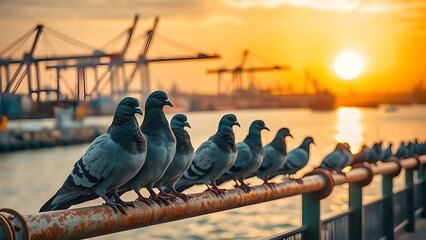 Wild black and white pigeons sit on the pier
