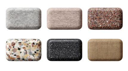 Material sample set with six rounded tiles displaying felt, linen, terrazzo, granite, burlap, and rubber textures, realistic detail and bevels, isolated on transparent background.
