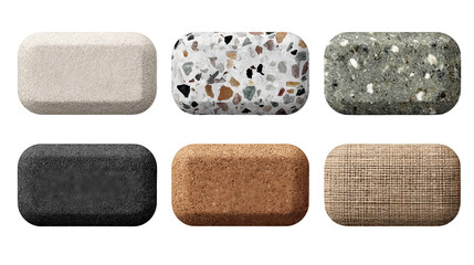 Texture swatch set of six rounded rectangles—felt, linen, terrazzo, granite, burlap, and rubber—arranged in two rows with realistic surface detail, isolated on transparent background.
