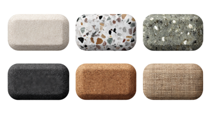 Texture swatch set of six rounded rectangles—felt, linen, terrazzo, granite, burlap, and rubber—arranged in two rows with realistic surface detail, isolated on transparent background.
