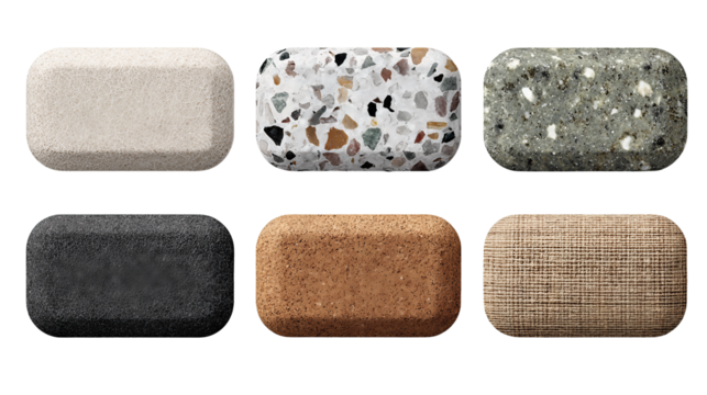 Texture swatch set of six rounded rectangles—felt, linen, terrazzo, granite, burlap, and rubber—arranged in two rows with realistic surface detail, isolated on transparent background.
