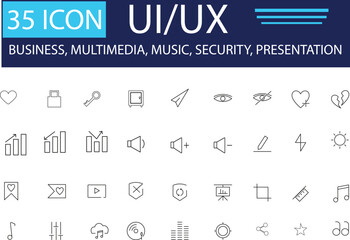 Minimal Line Icon Set &ndash; UI, Web and App Design, Business, Multimedia, Security, Music Outline Icons