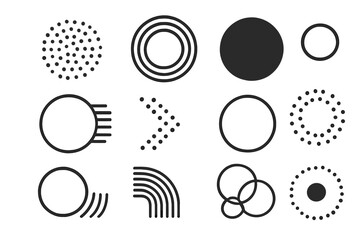 Set of abstract geometric shapes. Collection of minimalist circle design elements. Modern trendy vector icons for graphic design. Simple round forms, patterns, and symbols.