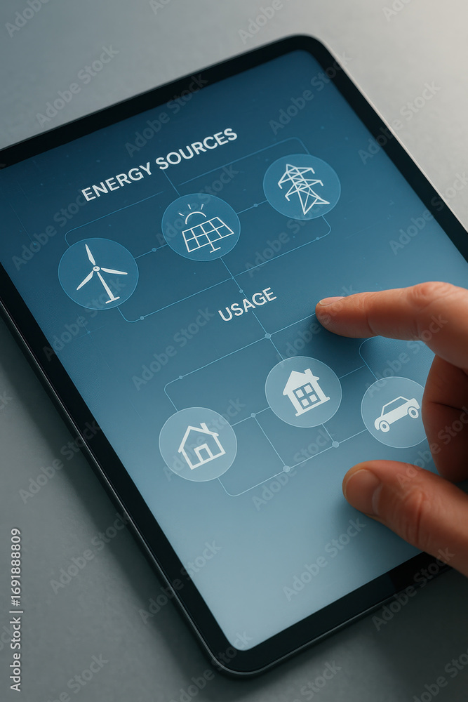 Poster energy sources and usage displayed on tablet with finger pointing on screen