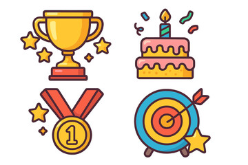 Achievement and rewards icon set. Winner trophy, first place medal, goal target, celebration cake. Cartoon vector for success, milestone, competition, gamification.
