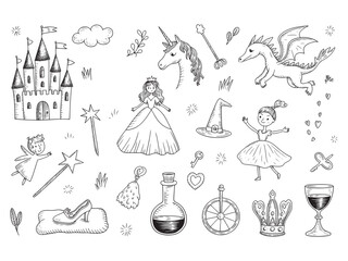 Obraz premium Hand drawn fairy tale elements castle unicorn dragon princess witch hat and crown vector