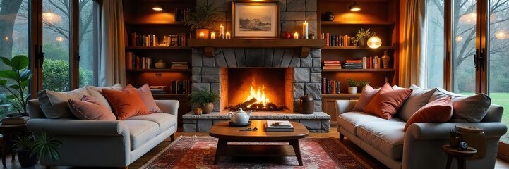 Cozy living room interior with fireplace, warm lighting, comfortable furniture, and decorative elements creating a relaxing atmosphere , furniture, eclectic, decor
