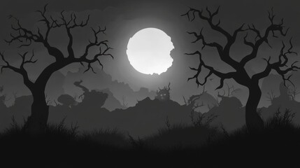 Grayscale moonlight forest landscape