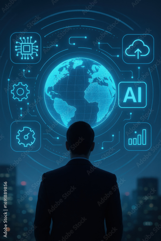 Poster artificial intelligence technology concept with digital globe and icons